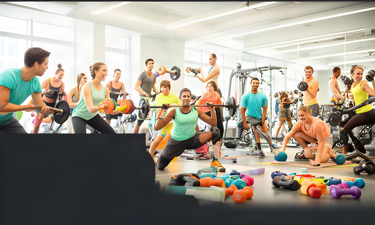 Sporters die samen trainen in een lichte sportschool met kleurrijke fitnessapparatuur