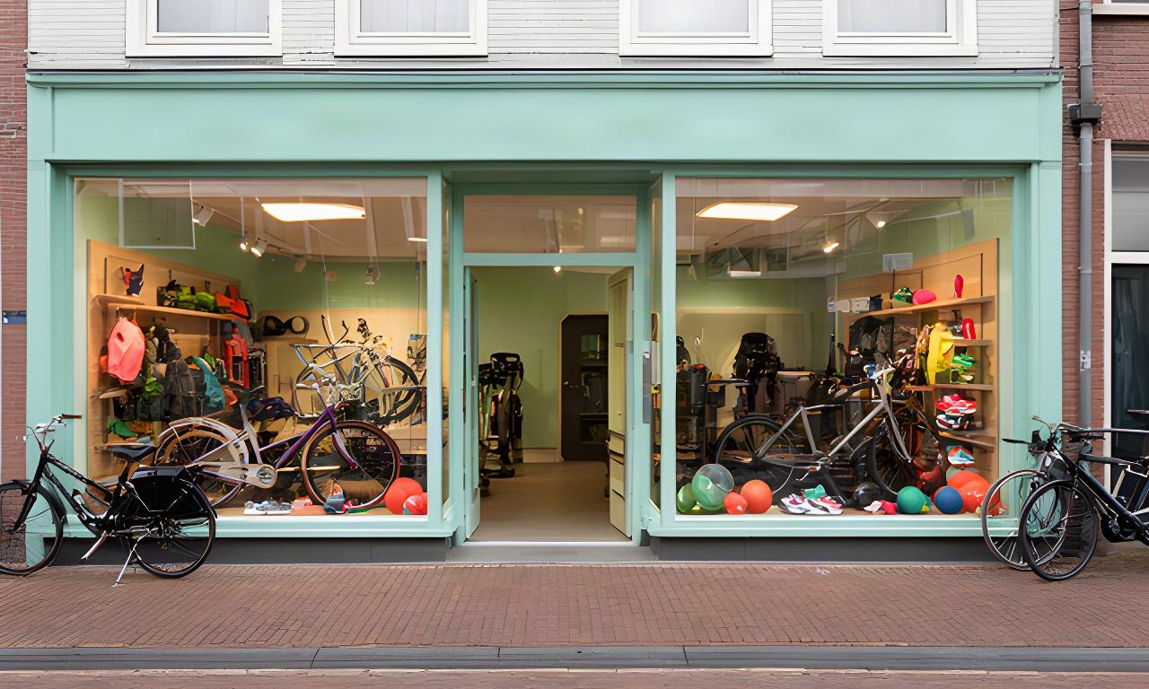 Winkelpui van een sportzaak aan de Midlânsdyk in Sneek met sportartikelen achter de ramen